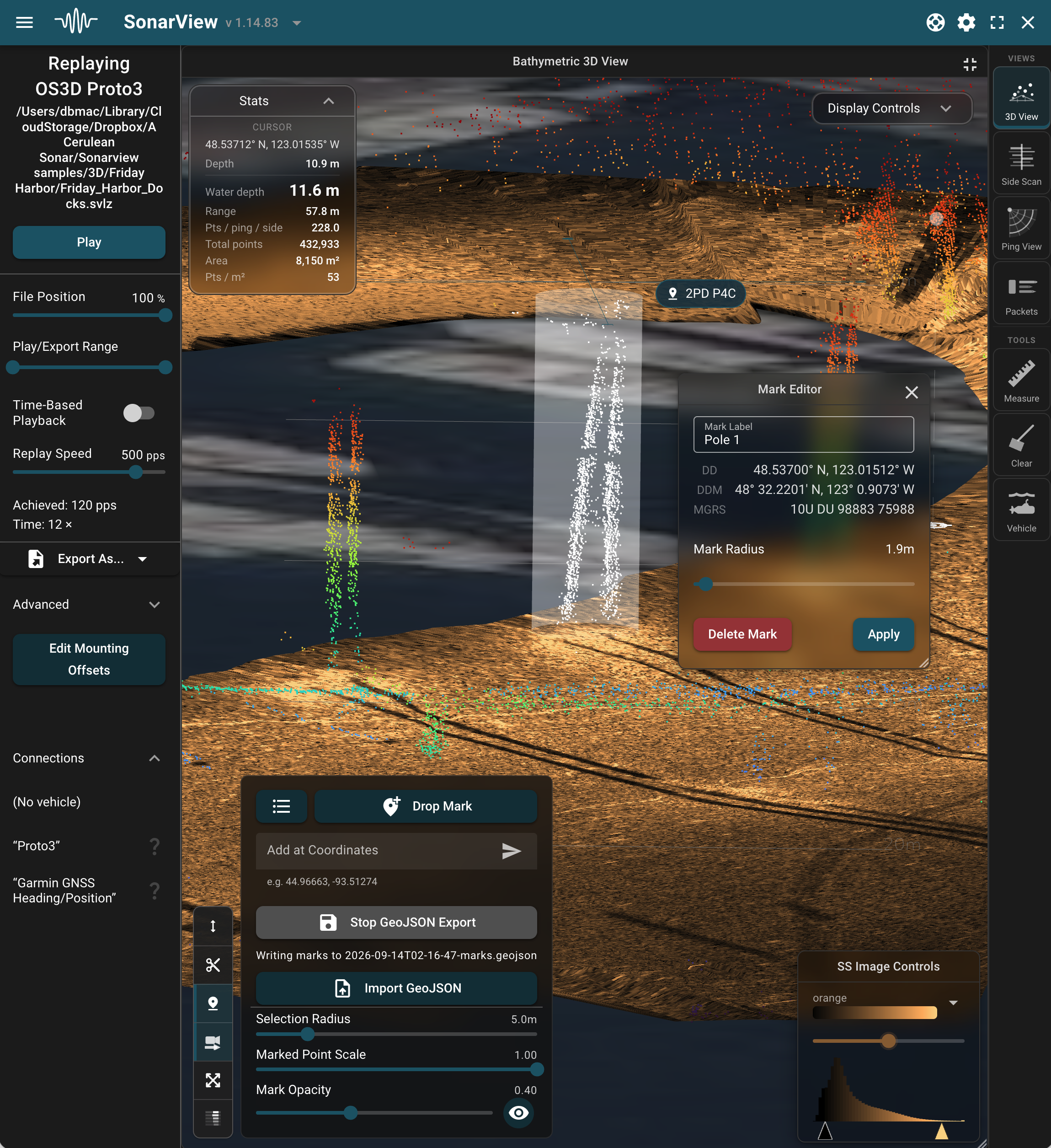 SonarView labeled mark for an object of interest, with location coordinates