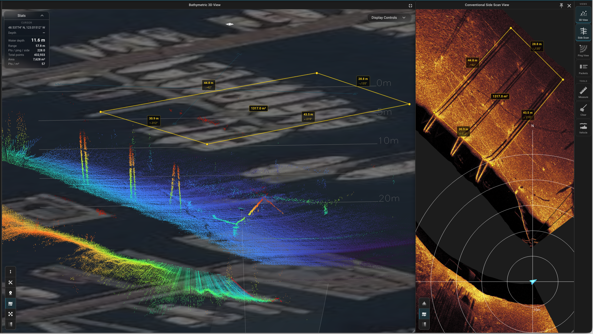 SonarView measurement tools applied to selected points in a 3D sonar scene